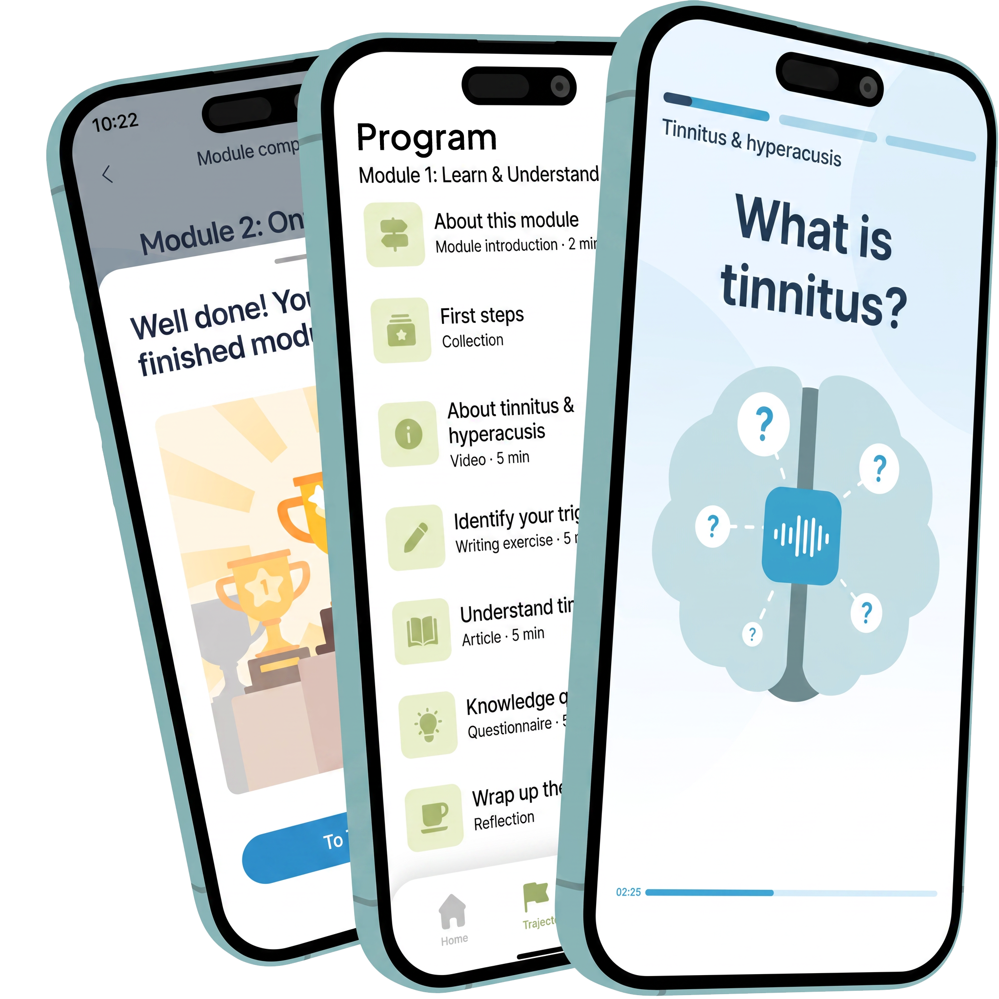 Drei Bildschirme aus der Tinzo-App: Erklärungen zum Tinnitus, dein Programm und ein abgeschlossenes Modul