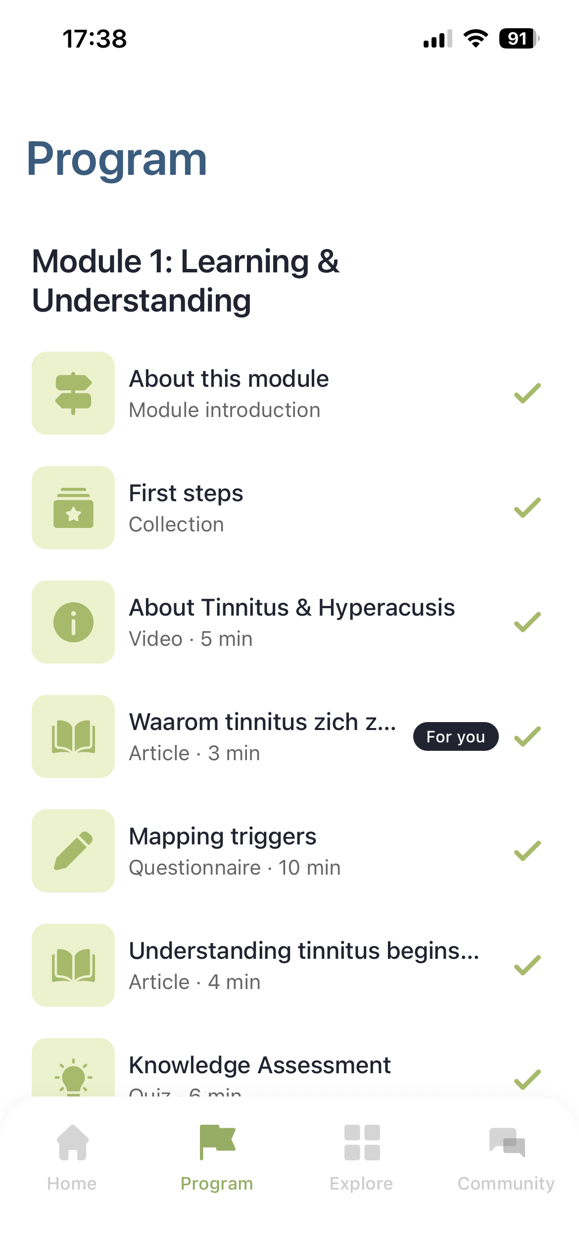 Startbildschirm der Tinzo-App mit Tagebuch-Streak und Programmmodulen